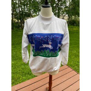 Vintage Steppingstones Christmas Reindeer Sweatshirt Size L White Polyester Cott